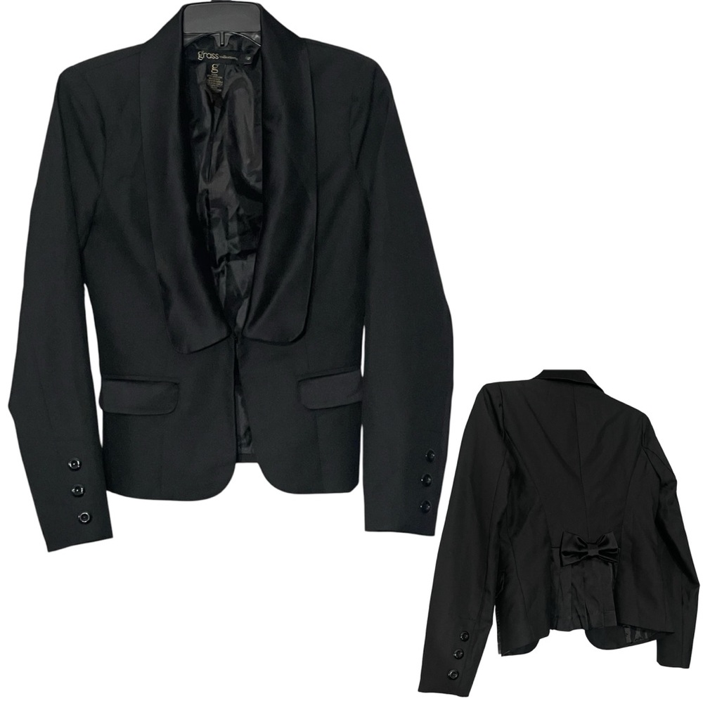 Worn Once! Jet Matte & Shiny Black Pleated Bow Back Dress Blazer by Grass